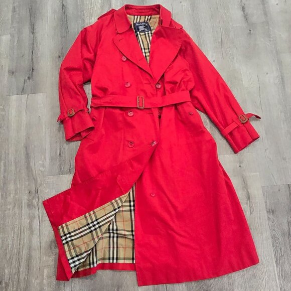 Burberrys Red Trench Coat Womens Size 18 LONG Cotton & Wool Lining with belt